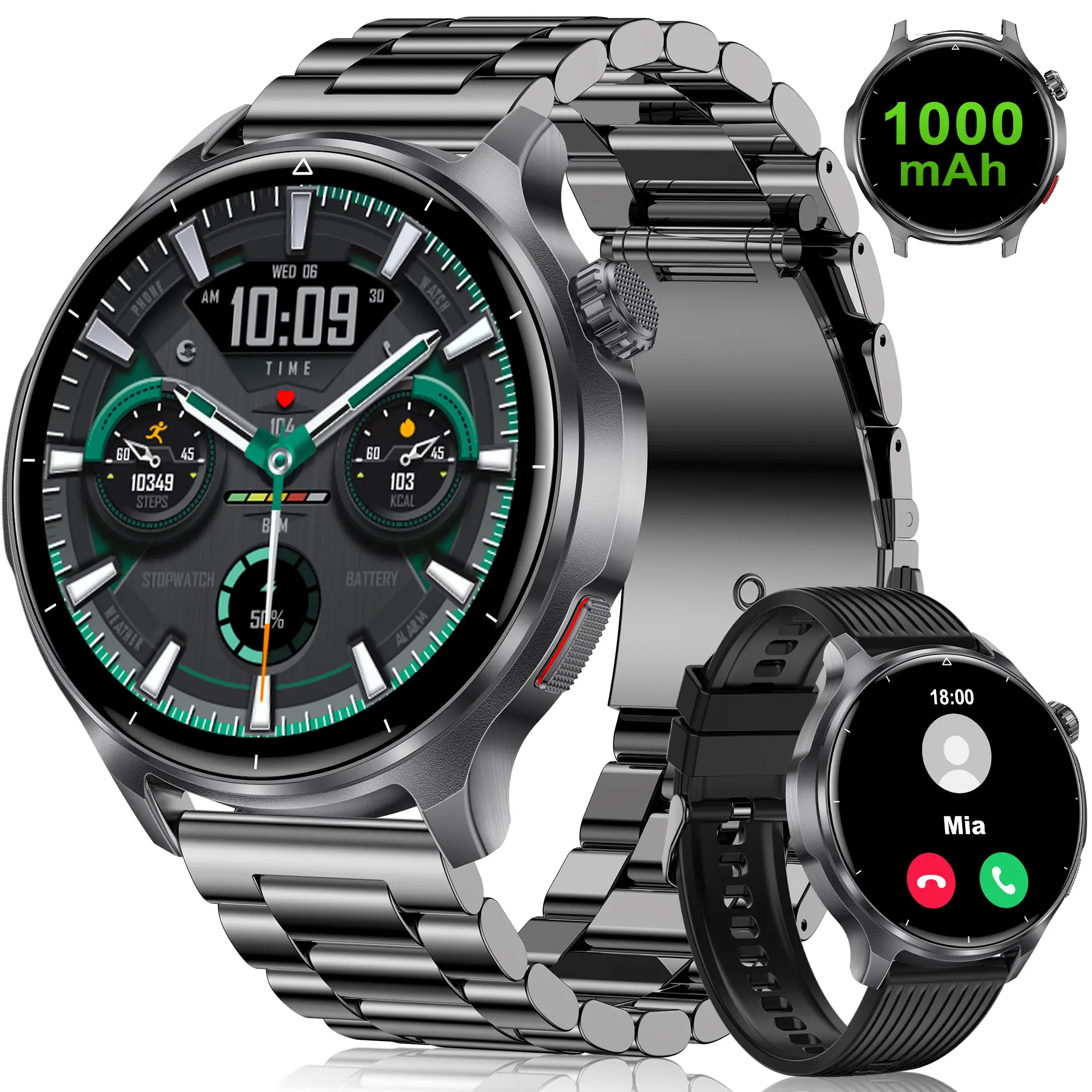 Smart Watch for Men, 1000mAh Battery, 1.52'' HD Large Display, Heart Rate/ SpO₂/Stress/Sleep Monitoring, 120+ Sports Modes, IP68 Waterproof, Fitness Watch for Android iOS, 2 Bands, Black