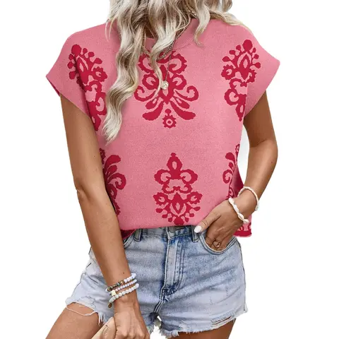 Dokotoo Women’s Sweater Vest Summer Casual Crewneck Knit Pullover Tops Lightweight Boho Printed Cap Sleeve Sweaters