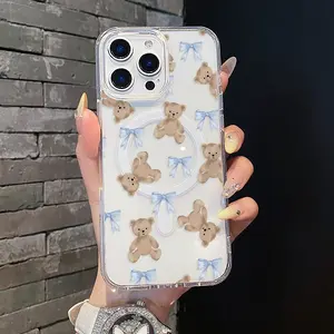 Magnetic Coquette Silicone Cellphone Cover for Multi-Model iPhones (17, 16 Pro Max, 15 Plus, 14, 13, 12, 11, XS, XR) - Pastel Teddy Bears & Bows Aesthetic, Girly Shock-Protection Accessory for Handheld Devices