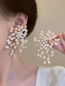 Handmade Exaggerated Pearl Embellished Firework Earrings, Vintage Style, High-End Cool Fashion, Face-Shaping Jewelry, Perfect for Evening Gowns, Women