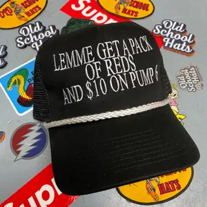 Lemme Get A Pack Of Reds And $10 On Pump 6 Vintage Custom Embroidered Black Snapback Mesh Trucker Cap Novelty America USA Funny humor