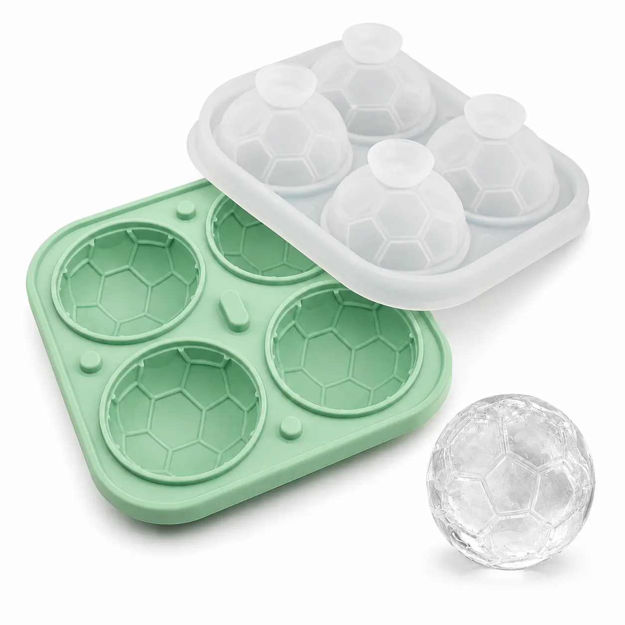 Soccer Ball Ice Cube Mold with Lid - 3D Realistic Soccer Design, 4-Piece Slow Melting Food Grade Ice Balls for Match Day Parties, Coaches