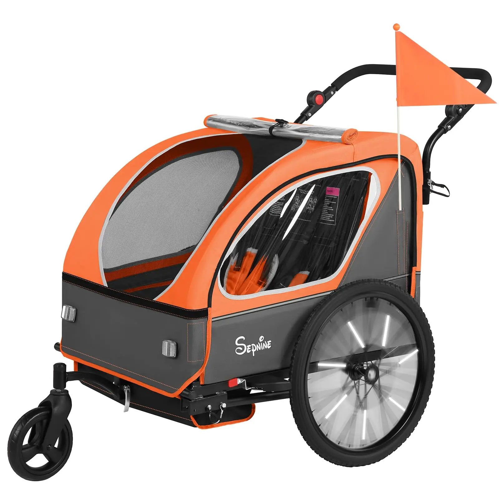 SEPNINE 2-in-1 Kids Bike Trailer & Foldable Cart - Kids Outdoor Equipment, Toddler Outdoor Equipment, Canopy Carrier for 1-2 Toddlers with Quick Attach, 5-Point Harness, Storage Bags, Inflatable Tires, Reflective Strips