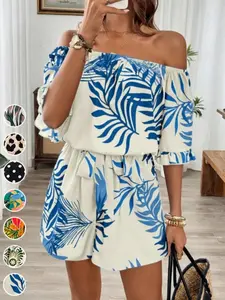 Spring Summer New Beach Vacation Print One Shoulder Jumpsuit, Waist Cinching Casual Overall Pants, Women's Fashion
