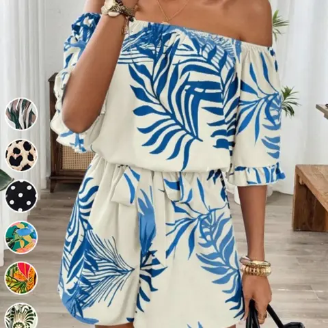 One-Shoulder Beach Vacation Bohemian Casual Jumpsuit with Printed Design Casual Waist-Defining Overall Pants for Spring and Summer