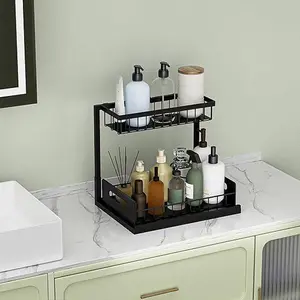 Under Kitchen Sink Organizer 2 Tier Pull Out Bathroom Sink Organizers and Storage Cabinet Kitchen Bathroom Storage Organization Shelf 1 Pack Black