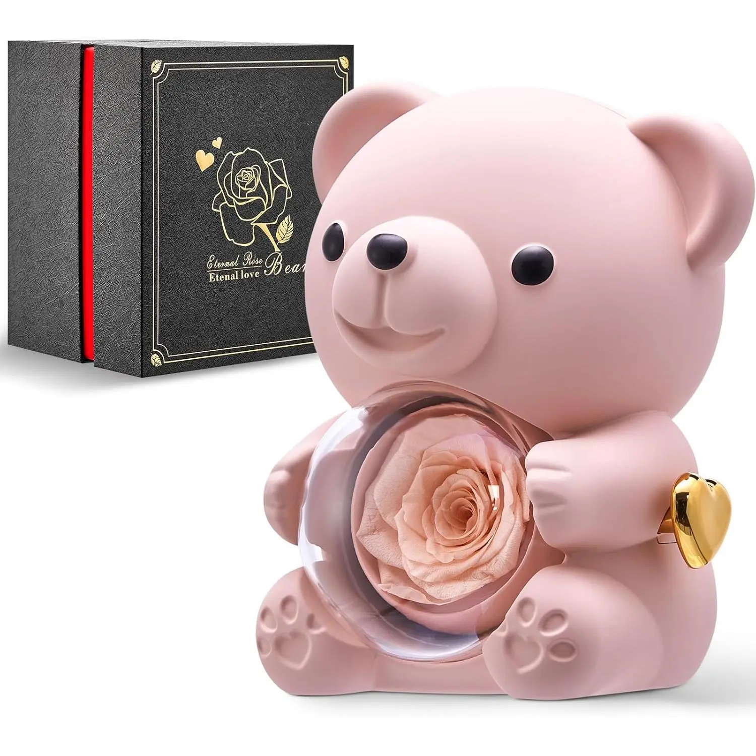 Romantic Teddy Champagne Bear with Preserved Rose - Real Rose in Elegant Black Gift Box for Anniversaries, Weddings, Bridal Showers, and Mother's Day
