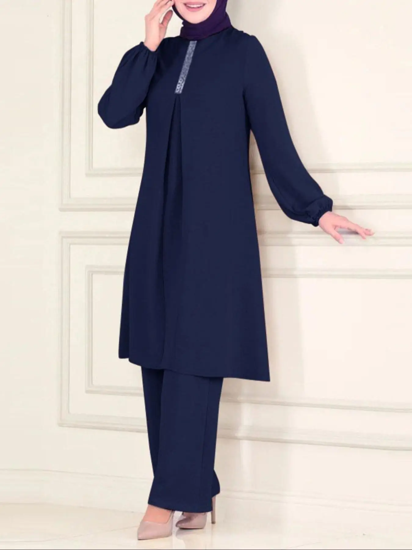 Two-Piece Set Women's Contrast Sequin Plicated Keyhole Neckline Blouse & Wide Leg Pants Set, Modest Casual Bishop Sleeve Top & Elastic Waist Trousers,