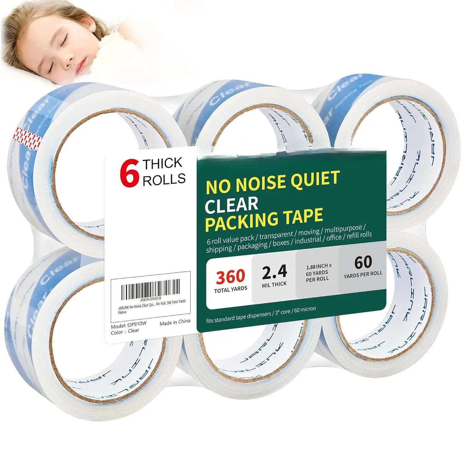 No Noise Clear Quiet Packing Tape (6 Rolls), Heavy Duty Packaging Tape for Shipping Packaging Moving Sealing, 2.4mil Thick, 1.88 inches Wide, 60 Yards Per Roll, 360 Total Yards
