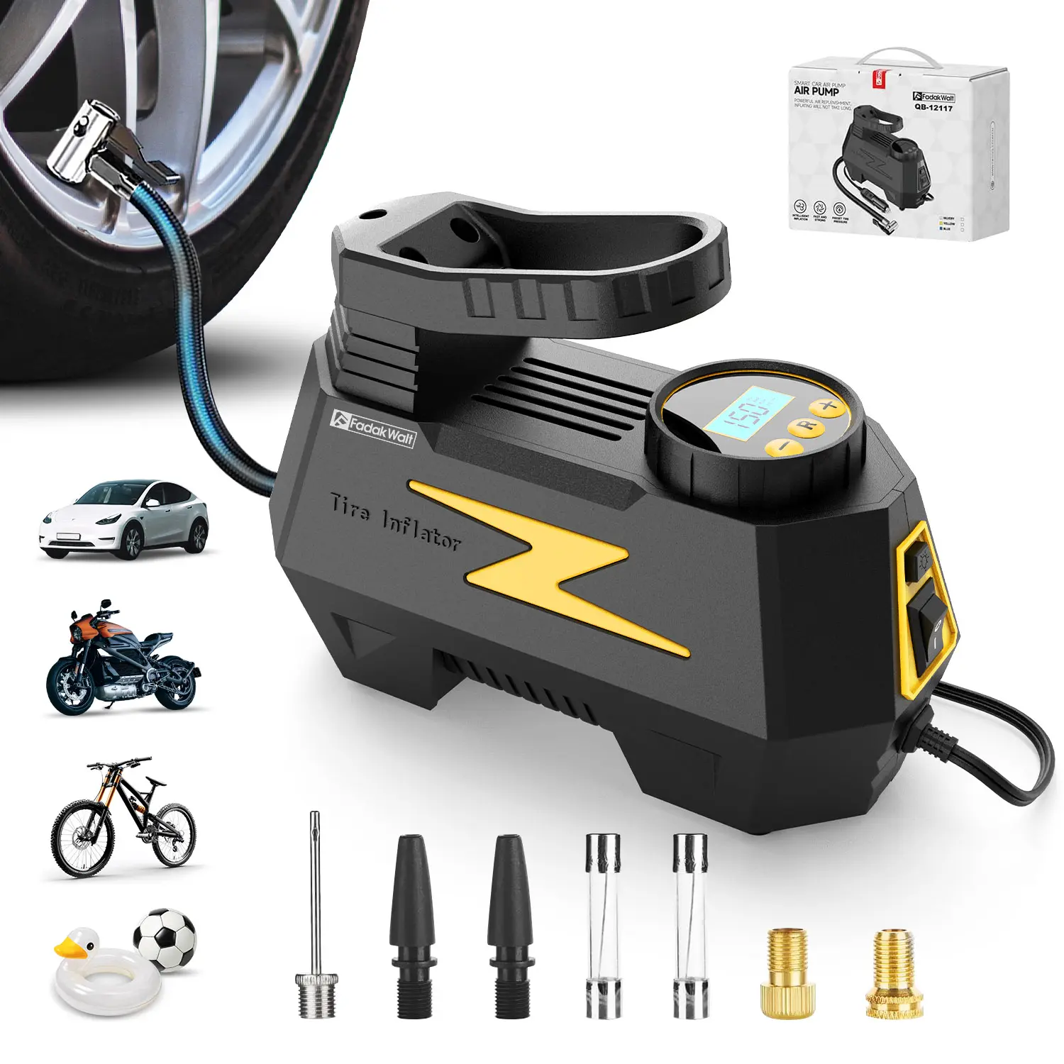 Fadakwalt Portable Digital Tire Inflation Pump - DC 12V Automotive Tool, 150PSI Gauge, LED Display, Compact for Car, Motorcycle Use