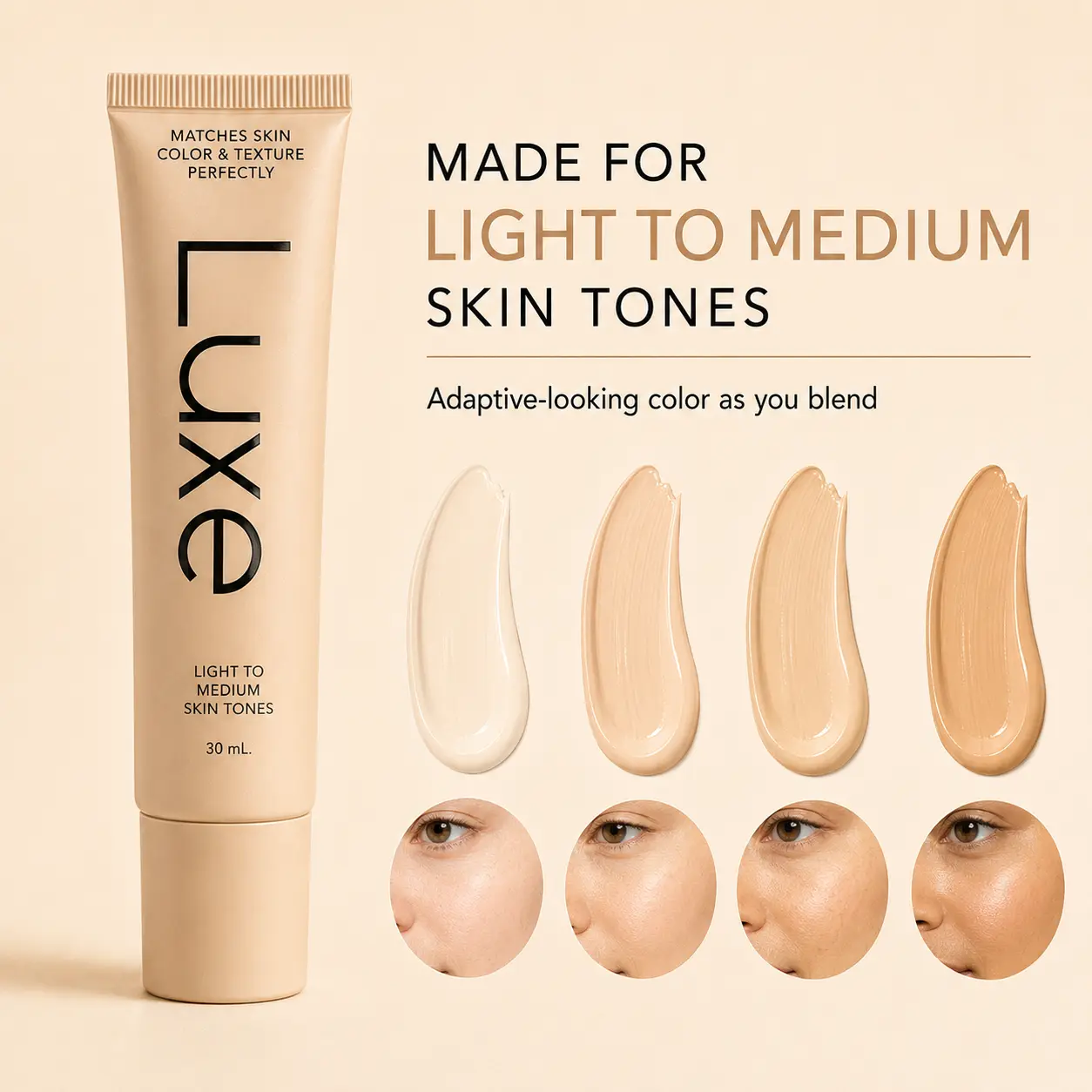 Adaptive Color Changing Foundation, Lightweight Face Makeup with Buildable Coverage and Natural Dewy Finish for Light to Medium Skin Tones, 30 mL