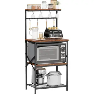 Kitchen Bakers Rack with Storage Shelves, Small Coffee Bar Table with 8 Hooks, 4 Tiers Microwave Stand Station with Adjustable Shelves, Freestanding Kitchen Appliance Organizer, Rustic Brown