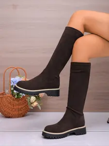 Women’s Stylish Elastic Long Boots, Comfortable Fabric Mid-Calf Motorcycle Boots, Trendy and Durable Footwear for Fall & Winter, Casual Daily Wear, Pull On Boots