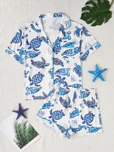 Two-Piece Turtle Sleepwear Loungewear Pajama Set, Short Sleeve Cardigan with Collar, Loose Elastic Shorts, Casual Home Wear for All Seasons Pjs