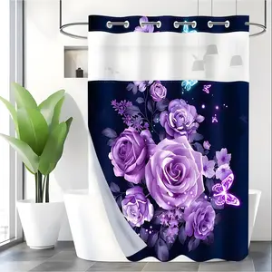 LVRLVR 1pc Dreamy Purple Rose Butterfly Shower Curtain with Sheer Top Window, Detachable Liner & No Hook C-Ring, 70.8" x 74"