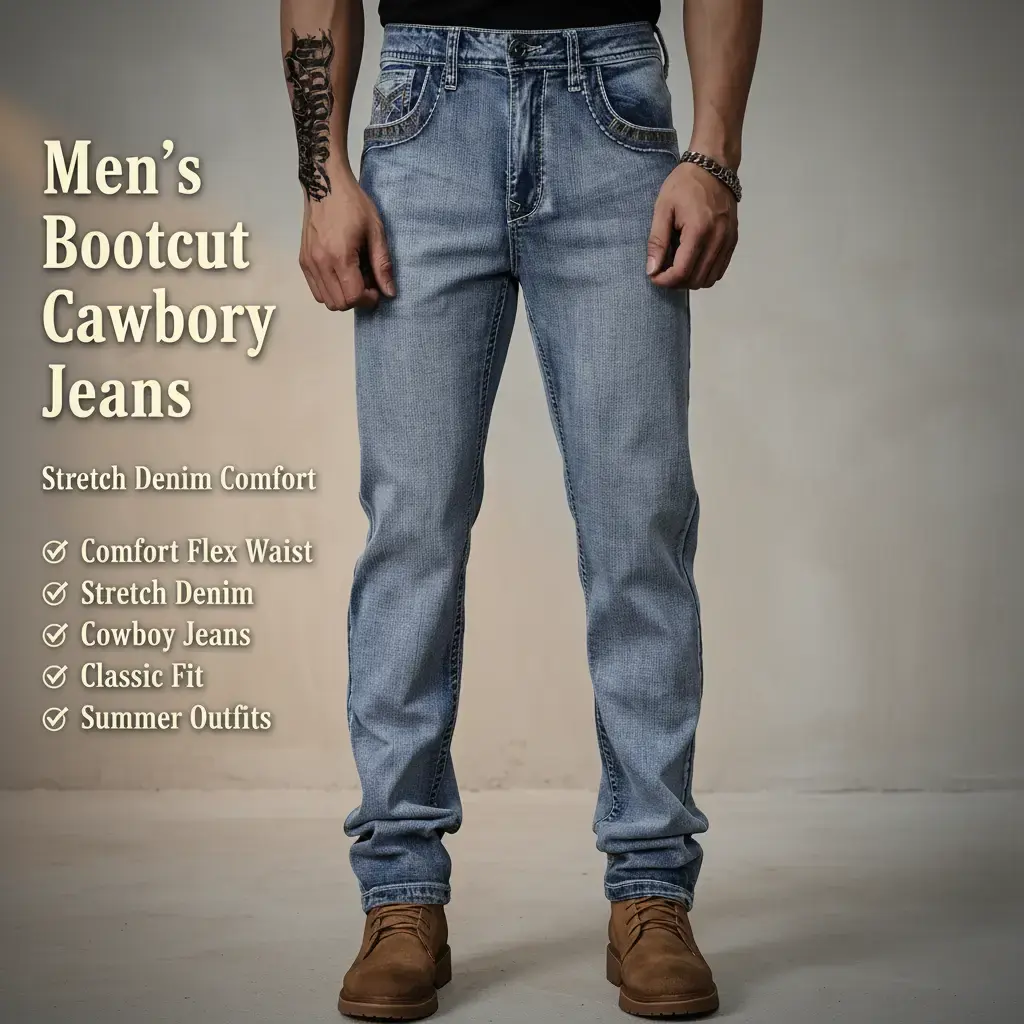 Men's Bootcut Jeans Cowboy Jeans for Men with Comfort Flex Waist Stretch Denim Casual Jeans Unique Design Classic Fit Summer Outfits