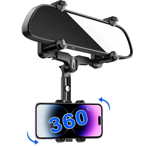 Rearview Mirror Phone Holder for Car, 360° Rotating and Retractable Multifunctional Rear View Phone Mount, Upgraded Four Corners Fixed Anti-Shake Fit For 4"-7" Smartphones & Most Bigger Vehicle