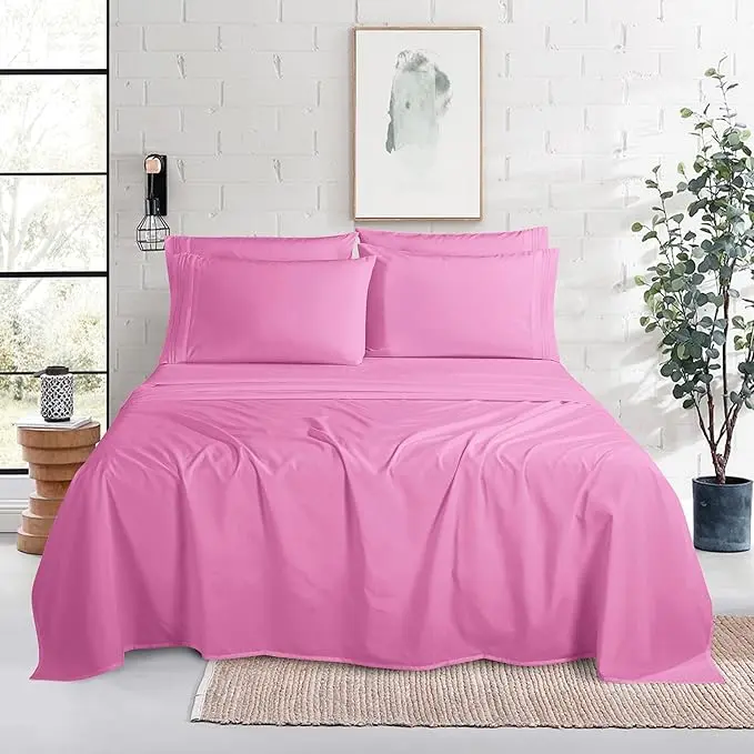 Mocassi Luxury All Season 6-Piece Sheet Set, 3-Line Embroidery Design, Bright Shades Bedding Collection, Luxury Bedding, All Season Bedding