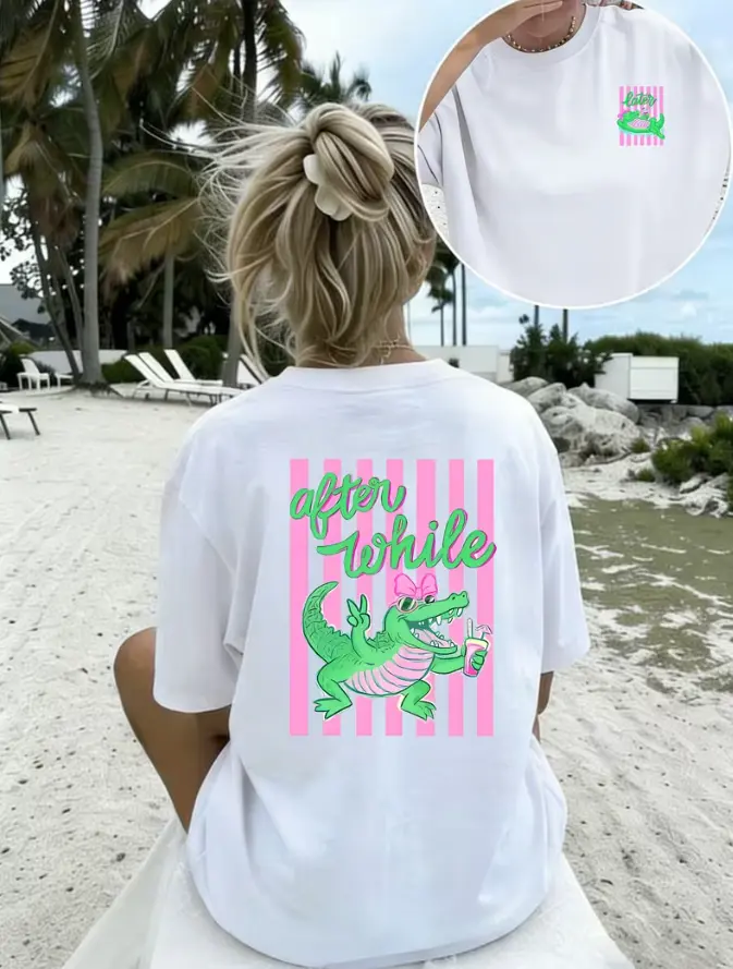 Unisex Round Neck Short-Sleeve Shirt - Double-Sided Print, After While Letter, Sunglass Bow Crocodile Holding Drink, Pink Stripes Graphic, Comfortable Athletic Casual Soft Summer Retro Daily Top, Blouse