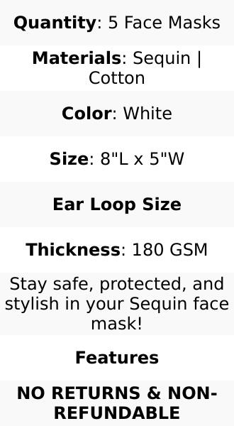Unisex 5-Pack Everyday White Sequined Cotton Fashion Face Masks - Reusable Pack with Ear Loops, Creative Masks for Daily Use, Casual Face Covering Masks & Accessories