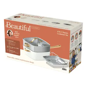 Beautiful 4 Piece 4.5qt Ceramic Non-Stick Square Pan Cookware Set, White Icing by Drew Barrymore