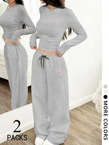 Women's 2-Pack Pink Bow Print Pajama Pjs Loungewear Set, Soft Stretchy Comfy Knit Fabric, Ruched Long Sleeve Crop Top & Drawstring High Waist Wide Leg Pants, Casual Daily Streetwear, Black White Grey Navy Red Army Green