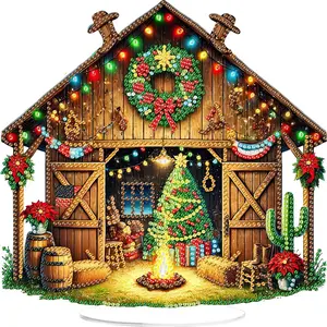 Xmas Scene DIY 2D Flat Acrylic Diamond Painting Desktop Ornaments Kit with Special Shaped Brighten Rhinestones 5D DIY Diamond Art Tabletop Decorations Single Side 24*22cm for Adults Christmas Ornament