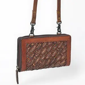 American Darling Small Western Cross Body Wallet Handcrafted from Basket Weave Genuine Leather | Full Grain Trim & YKK Zipper