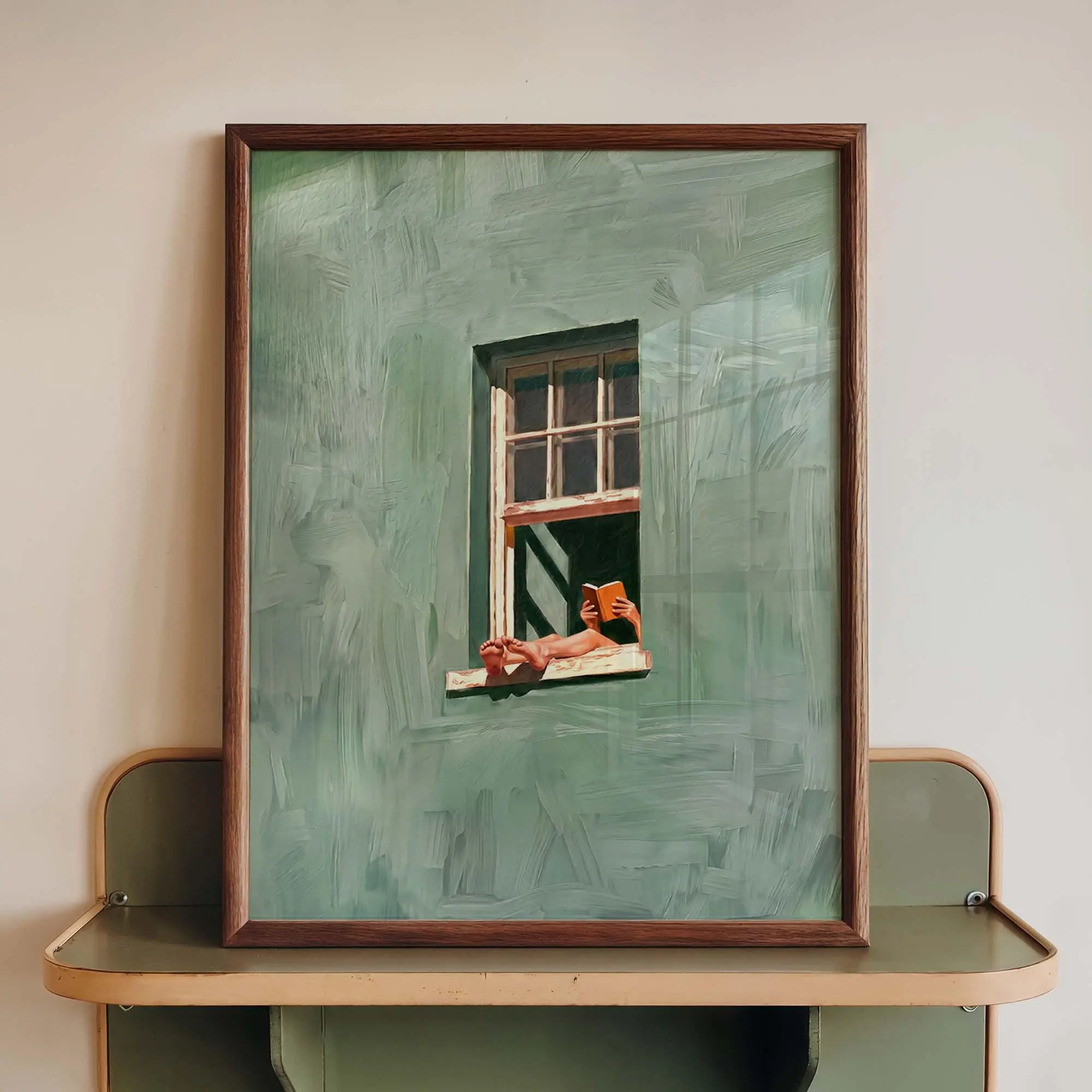[Sale off up to 50%] [Free ship] [No Frame] Woman Reading in Window Print Poster, Sage Green Reading Nook Wall Art Print, Minimalist Book Lover Decor, Slow Living Gift