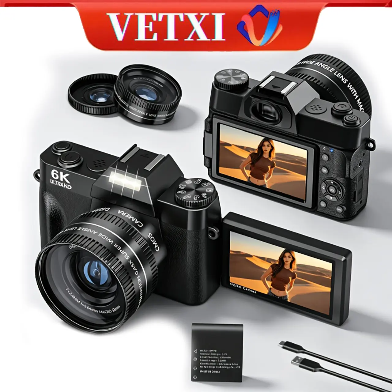 VETXI 6K Point & Shoot Digital Camera - 64MP UHD MP4 Video, 180° Flip Screen, WiFi, Webcam Function, 16x Zoom, Autofocus, Wide Angle-Macro Lens, Compact Vlogging Gear with Card & Charging Cable for Beginners