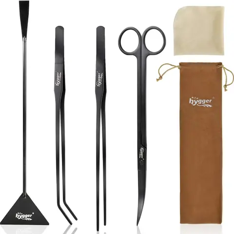 hygger 4-Pcs Anti-Corrosion Stainless Steel Aquarium Cleaning Tools Multi Pack - Left-Handed Plant Tweezers, Scissors, Sand-Moving Spatula, Gravel Tool, Washable Cloth for Aquascaping Aquarium Enthusiasts, Nice Gift