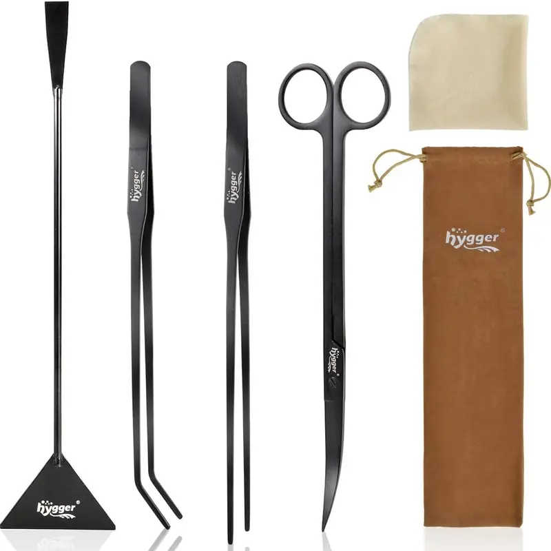 hygger 4-Pcs Anti-Corrosion Stainless Steel Aquarium Cleaning Tools Multi Pack - Left-Handed Plant Tweezers, Scissors, Sand-Moving Spatula, Gravel Tool, Washable Cloth for Aquascaping Aquarium Enthusiasts, Nice Gift