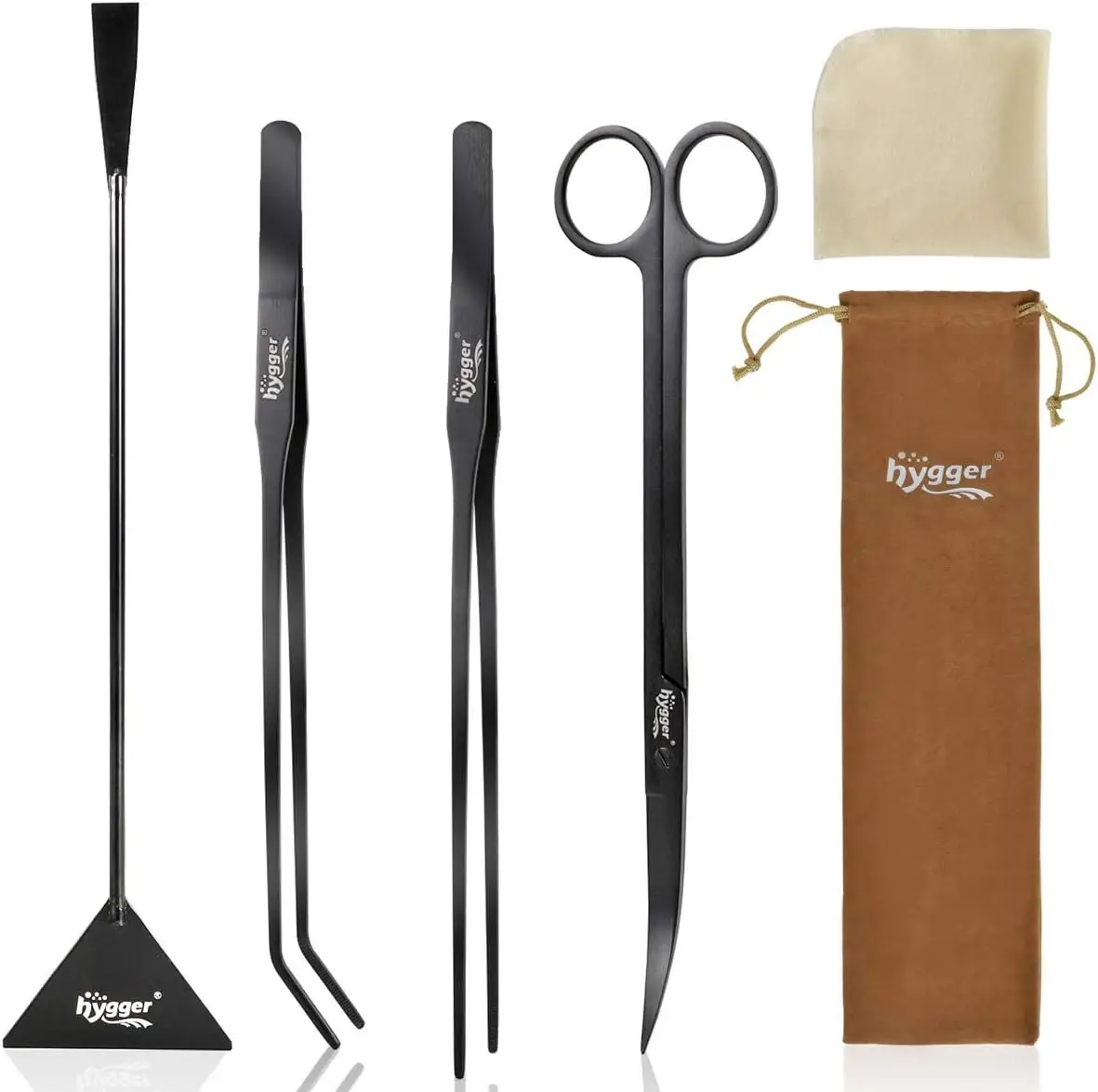 hygger Long Stainless Steel Premium Aquarium Tools, 4 PCS Aquatic Plant Tweezers Scissors Spatula Kits Comes with 1 Cleaning Cloth, for Fish Tank Star