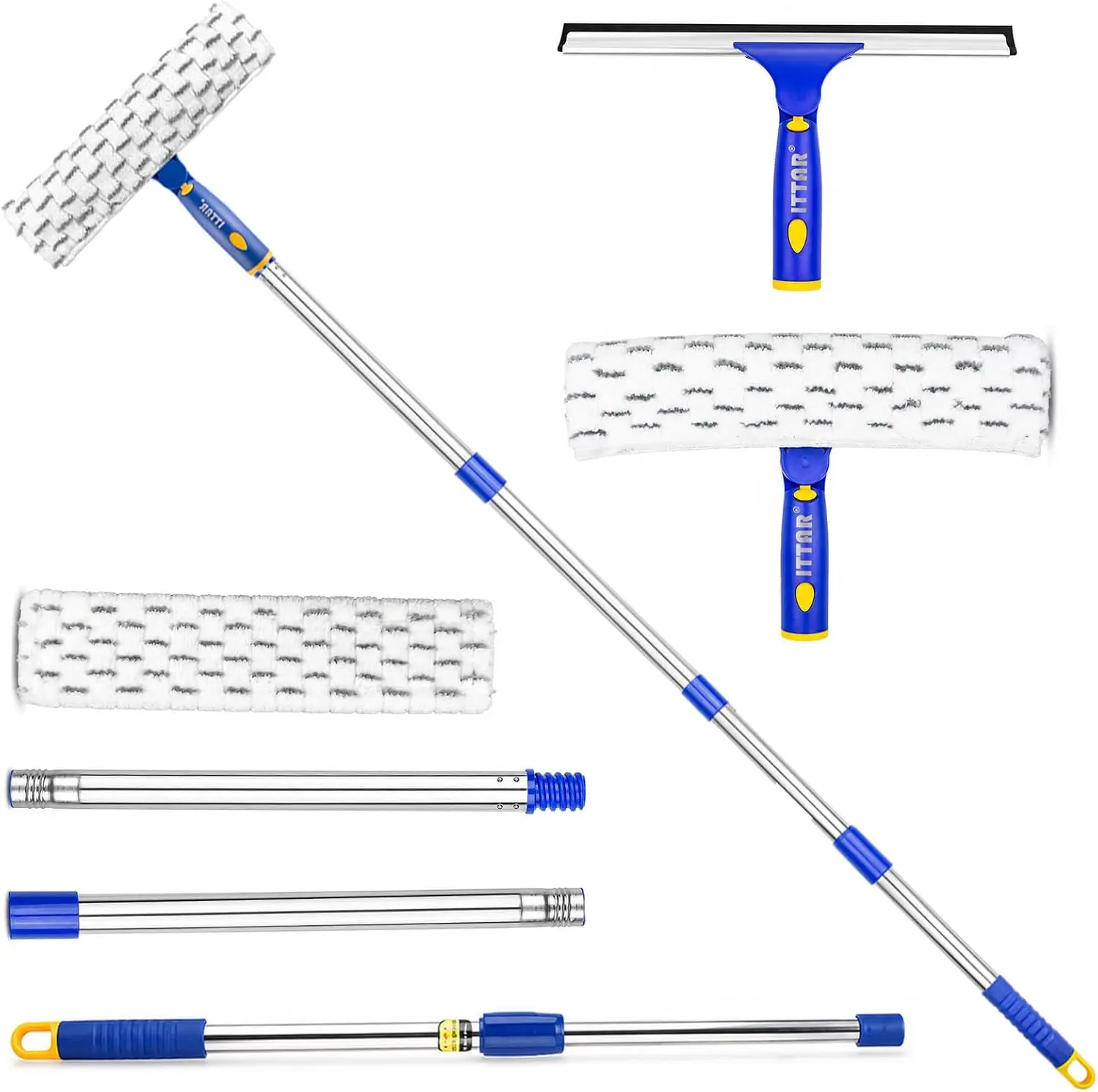 ITTAR Window Squeegee Cleaning Kit with 60-Inch Extension Pole, Rotating Head, 2 Microfiber Pads and 12-Inch Rubber Blade