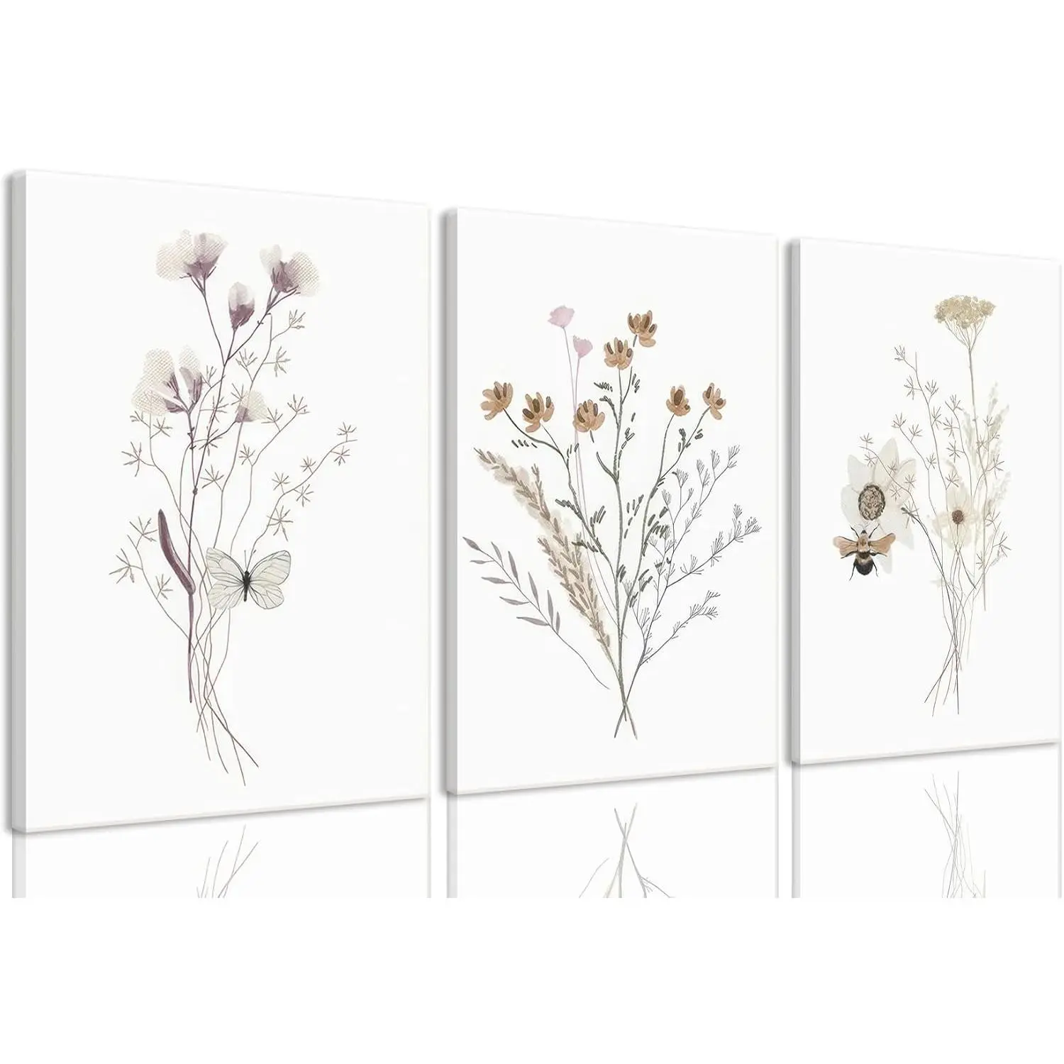 Bwodke Artistic Vibrant 3-Piece 12x16in Framed Wildflower Wall Art - Butterfly, Bee, Botanical Prints, Colorful Multi-Panel Hanging Decor for Bedroom, Living Room, Vintage Farmhouse Home Decoration, Home Inspo