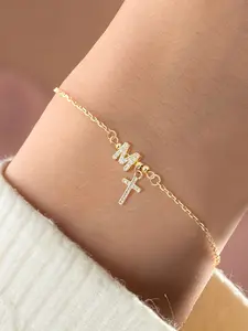 Women's Zirconia Initial Cross Bracelet, Vintage Stainless Steel Chain, Elegant Letter Design Jewelry for All Seasons