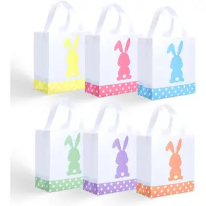 12 count  Easter Non-Woven  Bags with Handles, Colorful Bunny Tote  Bags for Easter Egg Hunt, Party Favors (9x8.6x4.3 Inches)