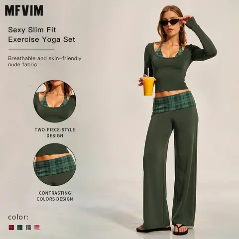 MFVIM Women’s Autumn-Winter 2-Piece Casual Athletic Sportswear Set - High-Waisted Striped Pleated Wide-Leg Yoga Pants, Workout Matching Set, 2 Piece Sets