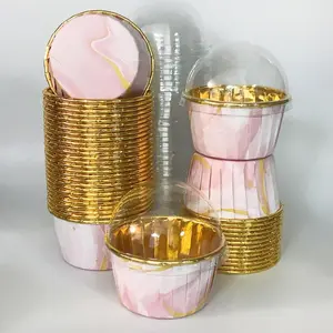 Marble Pattern Baking Cup with Lid, 50pcs Disposable Muffin Cup, Heat Resistant Paper Cupcake Liner, Baking Tool, Cake Cup for Wedding and Birthday Party, Bakeware