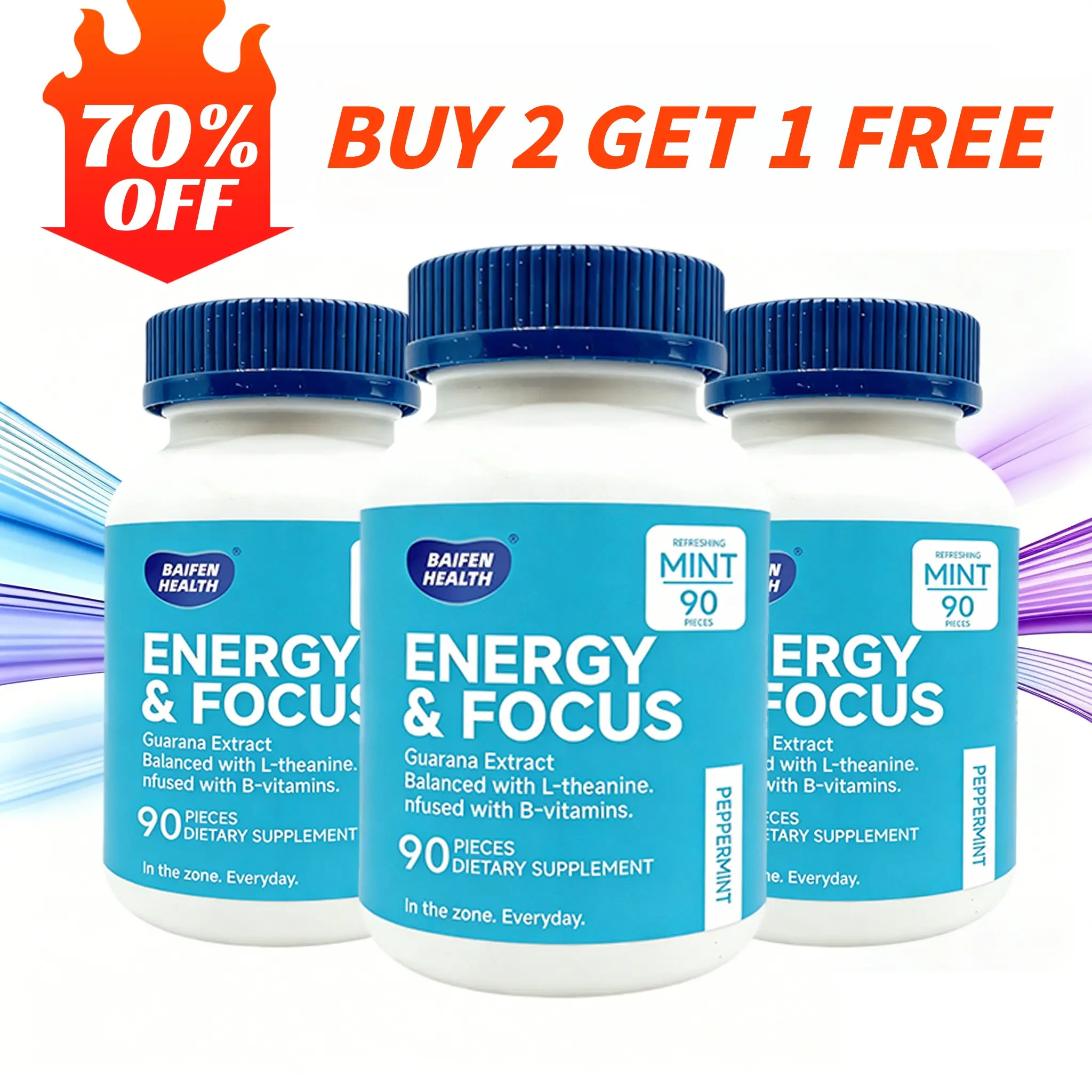 BAIFEN Energy & Focus Mints with Guarana Extract, L-Theanine, B Vitamins, Sugar-Free, Peppermint Flavor, Supplement for Focus, Energy, Mood & Clarity