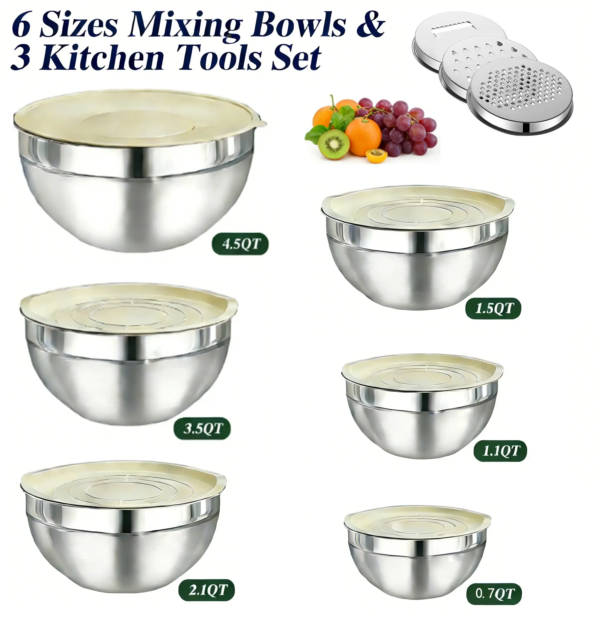 9pcs Mixing Bowls with Lids Set,Stainless Steel Nesting Storage Bowls Set for Kitchen, with 3 Greater Attachement, Kitchen Food Storage Organizers Nesting Mixing Bowl, Large Size 4.5, 3.5, 2.1, 1.5, 1.1, 0.7QT Tableware