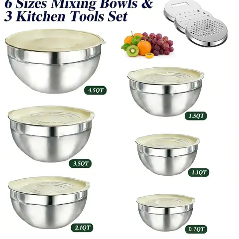 9pcs Classic Stainless Steel Nesting Mixing Bowls Set with Lids & 3 Grate Attachments - Durable Kitchenware Tableware for Adults - Rustproof, Ergonomic - Baking Prep, Mix, Grate, Store, Serve - 4.5qt,3.5qt,2.1qt,1.5qt,1.1qt,0.7qt Sizes
