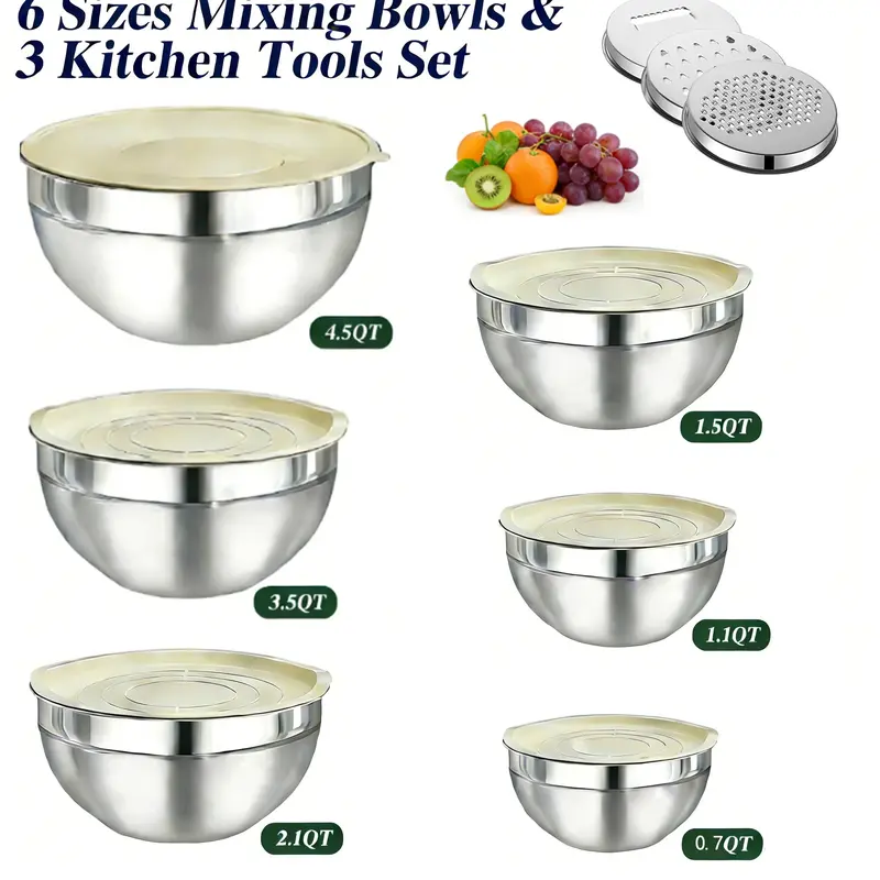 9pcs Classic Stainless Steel Nesting Mixing Bowls Set with Lids & 3 Grate Attachments - Durable Kitchenware Tableware for Adults - Rustproof, Ergonomic - Baking Prep, Mix, Grate, Store, Serve - 4.5qt,3.5qt,2.1qt,1.5qt,1.1qt,0.7qt Sizes