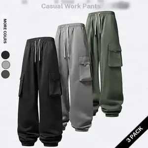 Men's solid color drawstring sports pants, casual loose pocket design, workwear style elastic waist design, suitable for sports and fitness commuting, suitable for autumn and winter, comfortable for daily wear