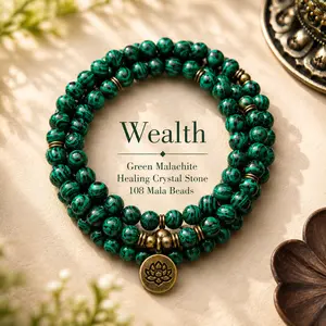 Genuine 8mm Malachite Natural Crystal 108 Mala Prayer Beads - Long Wrap Bracelet Necklace with Lotus Charm, Decorative Piece for Yoga Meditation, Ideal Gift with Healing Properties & Spiritual Touch