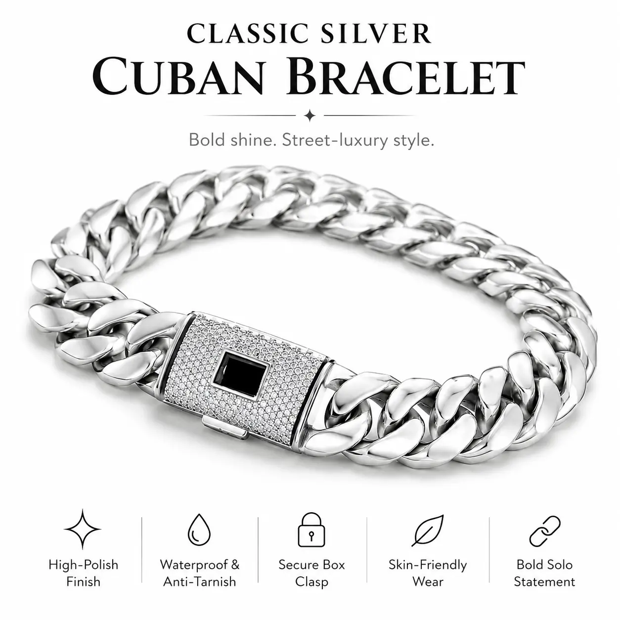 14mm Silver Miami Cuban Link Bracelet for Men Women, Iced S Clasp Chunky Curb Chain Bracelet, Hip Hop Jewelry, 7.5/8.5 Inch