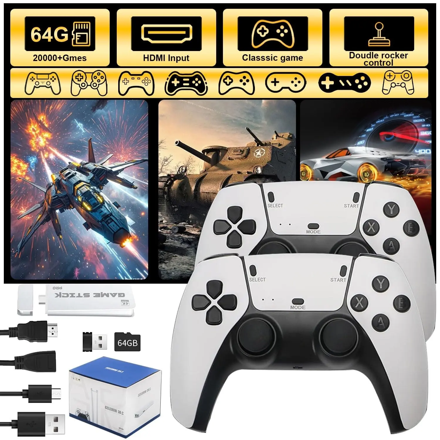 M15 Pius Vintage Game Controller Set, Classic Video Gaming Joystick with 4K HDMI, 23 Emulators, over 20000 Games, Plug & Play TV Console