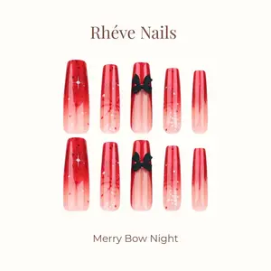 Rhéve Nails 30pcs Merry Bow Night Elegant Red and Gold Christmas Press-On Nails with Glitter Accents for Festive Luxury Look Reusable Lightweight Easy Application