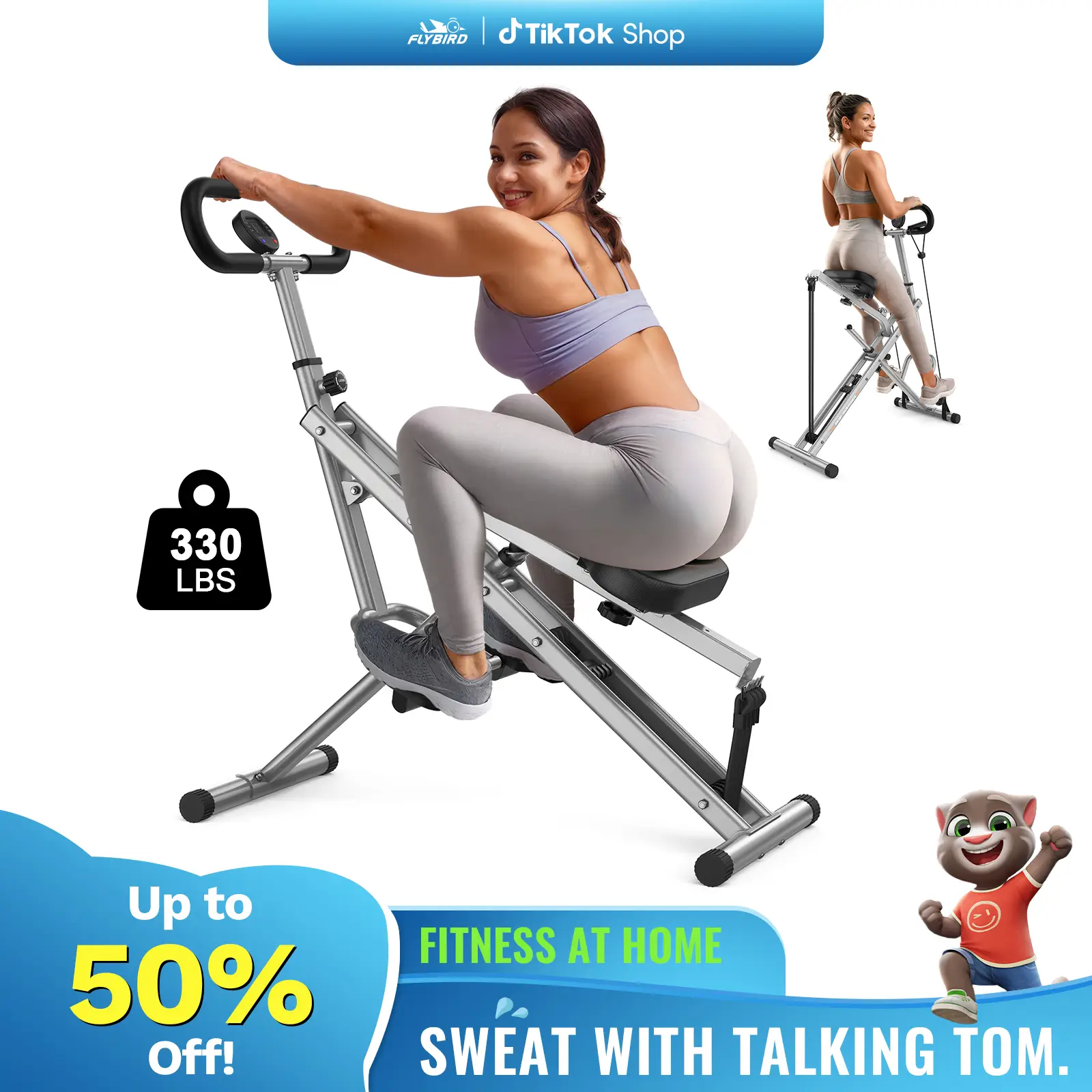 FLYBIRD Squat Machine for Home, 330lbs Foldable Core Exercise Machine, Adjustable 4 Resistance Bands, Ride & Rowing Machine for Glutes, Thighs, Ab Bac