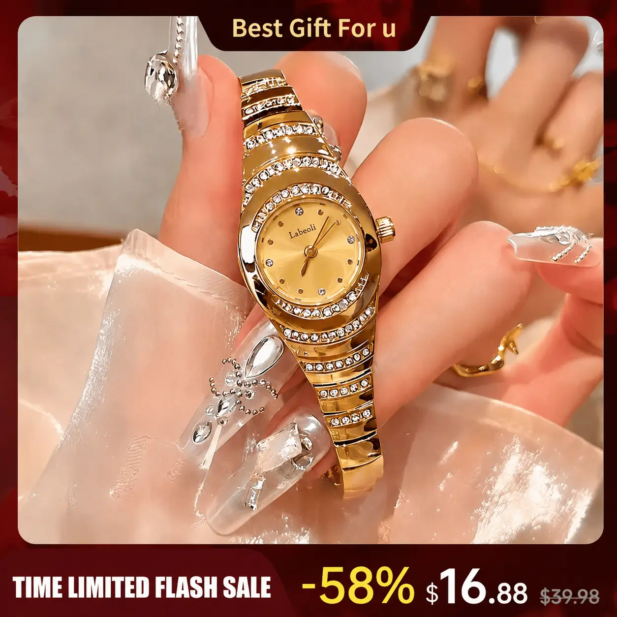 Women's Statement Watch, Elegant Rhinestone Jewelry Bracelet with Adjustable Strap, Waterproof Quartz Analog Dress Watch, Jewelry Bracelet Watch